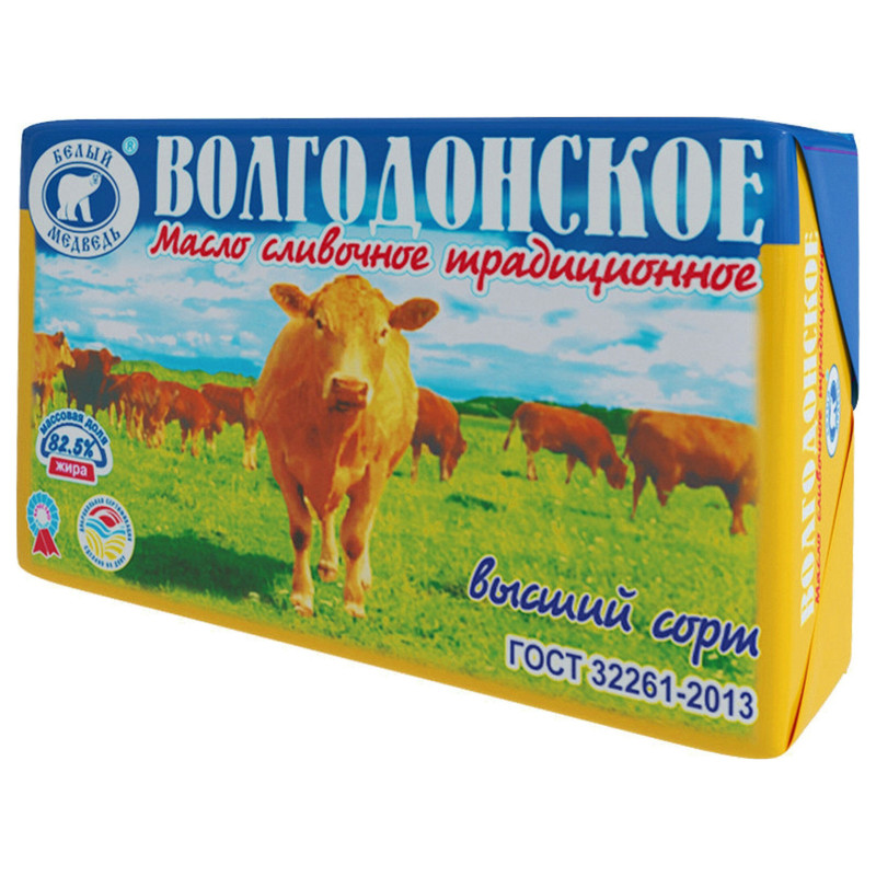 Масло сладкосливочное Белый Медведь Волгодонское традиционное несолёное высшего сорта 82.5%, 380г