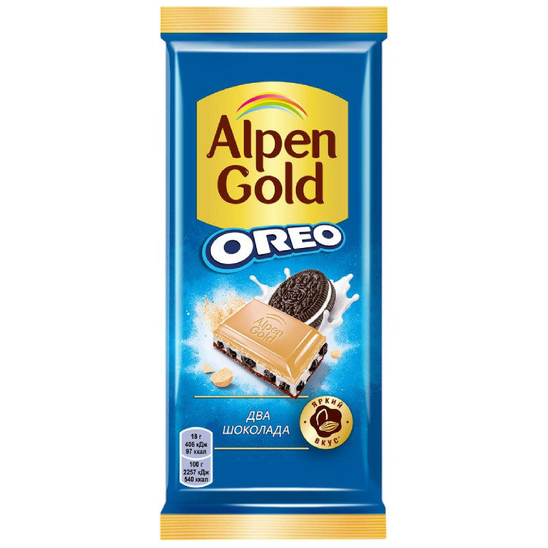 Шоколад молочный с белым шоколадом Alpen Gold Два Шоколада ваниль-печенье Орео, 85г — фото 1