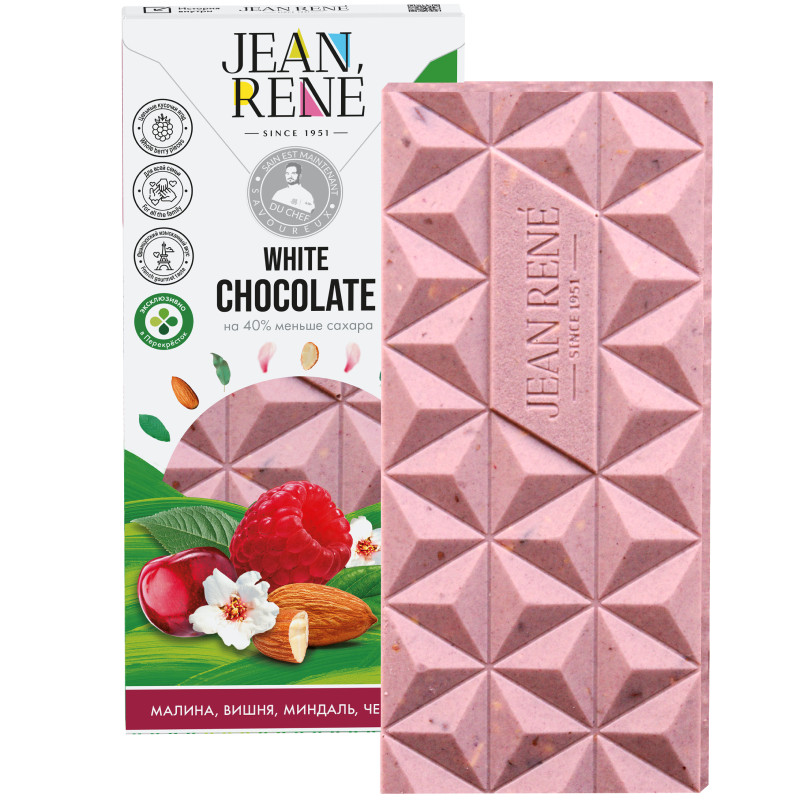 Шоколад белый Jean Rene Малиновый малина-вишня-черёмуха-миндаль с пониженным содержанием сахара, 80г — фото 1
