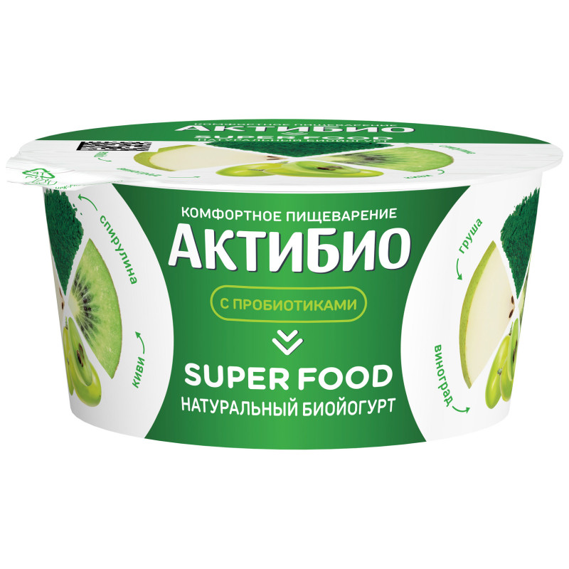 Биойогурт Актибио Super food с грушей киви виноградом и спирулиной с бифидобактериями 2.2%, 140г