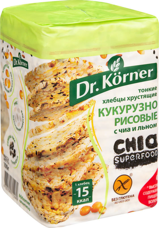 Хлебцы Dr.Korner кукурузно-рисовые с чиа и льном без глютена, 100г