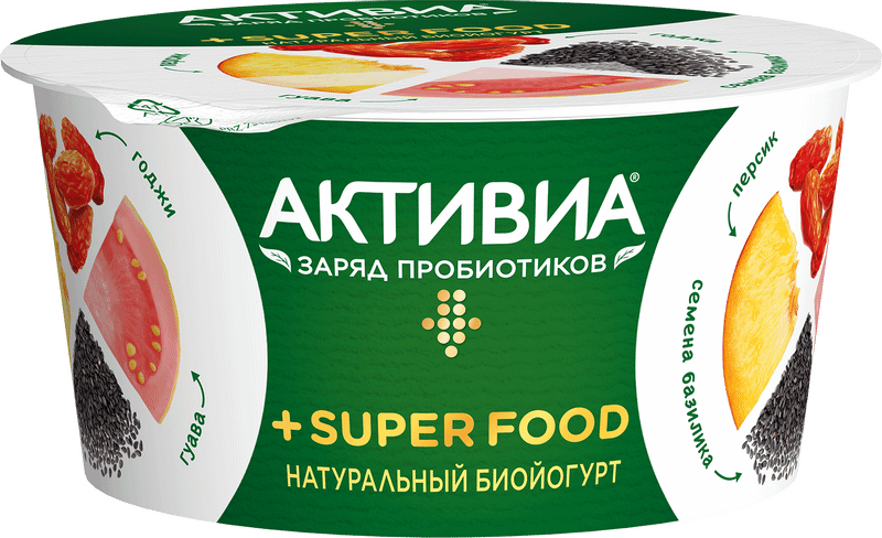Биойогурт Активиа Super Food персик-гуава-годжи-базилик 2.4%, 140г