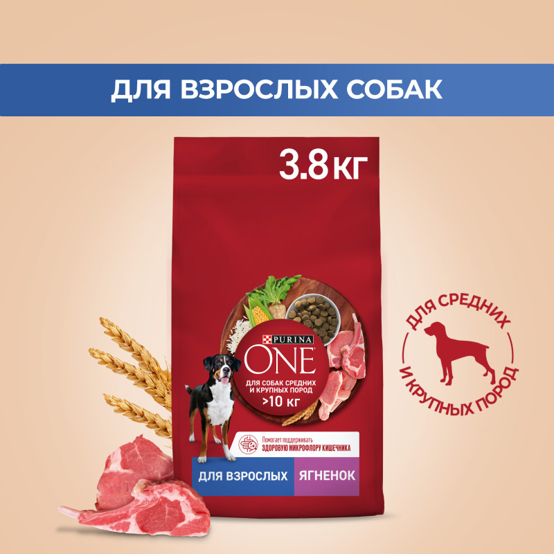 Сухой корм Purina One для собак средних и крупных пород с ягненком и рисом, 3.8кг — фото 3