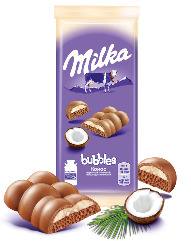 Шоколад молочный Milka Bubbles пористый с кокосовой начинкой, 97г