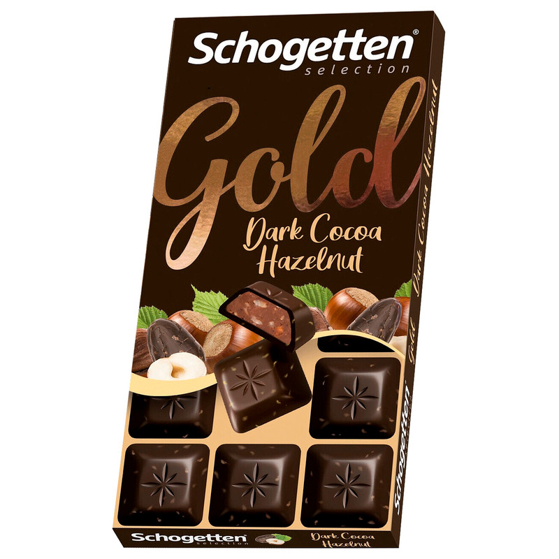 Шоколад тёмный Schogetten Gold с дроблённым фундуком и начинкой из какао-крема с фундуком, 100г — фото 1