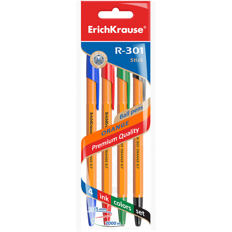 Ручки ErichKrause Orange Classic шариковые цветные R-301, 4шт