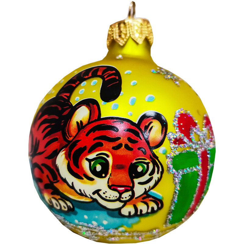 Украшение ёлочное Тигрёнок с подарком шар из стекла