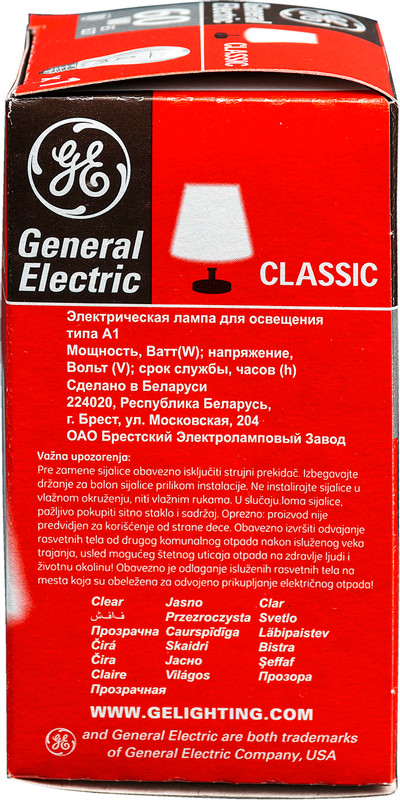 Лампа накаливания General Electric 60A1 CL E27 230V прозрачная — фото 3