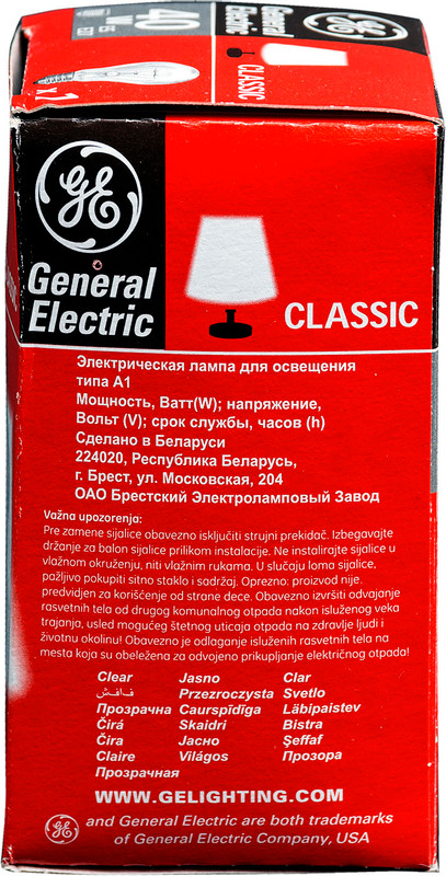 Лампа накаливания General Electric 40A1 CL E27 230V прозрачная — фото 3