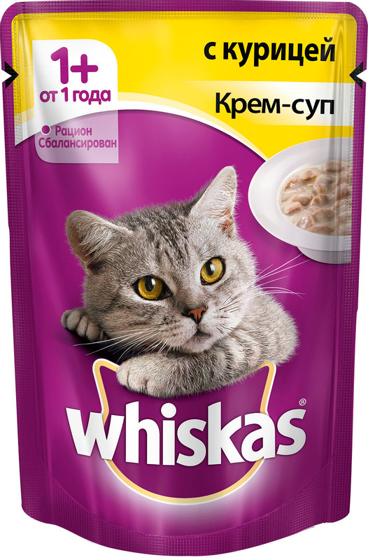 Корм Whiskas Крем-суп с курицей для кошек, 85г