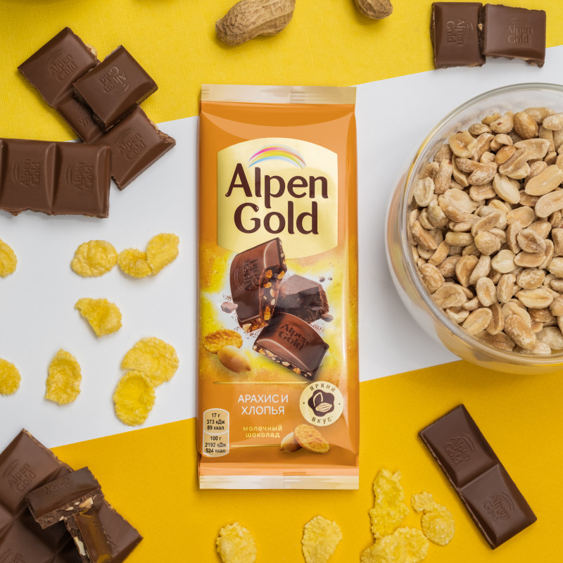 Шоколад молочный Alpen Gold с арахисом и кукурузными хлопьями, 85г — фото 3