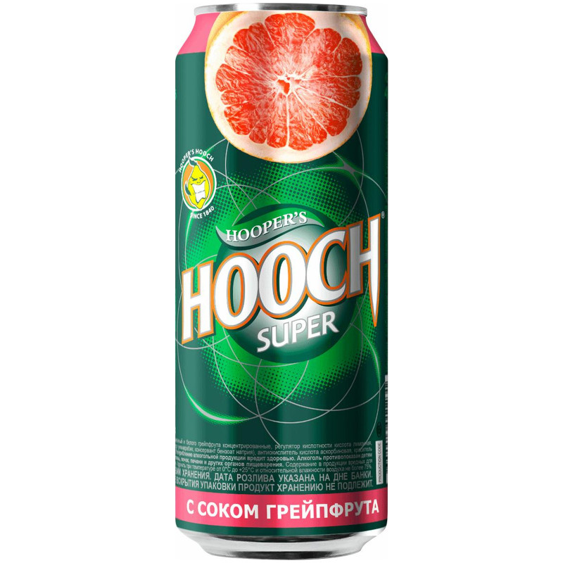 Напиток слабоалкогольный Hooch Супер со вкусом грейпфрута газированный 7.2%, 450мл