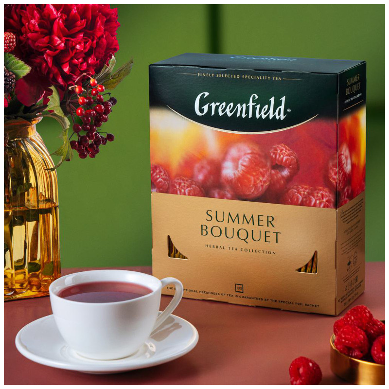 Напиток чайный Greenfield Summer Bouquet со вкусом и ароматом малины в пакетиках, 100х2г — фото 4