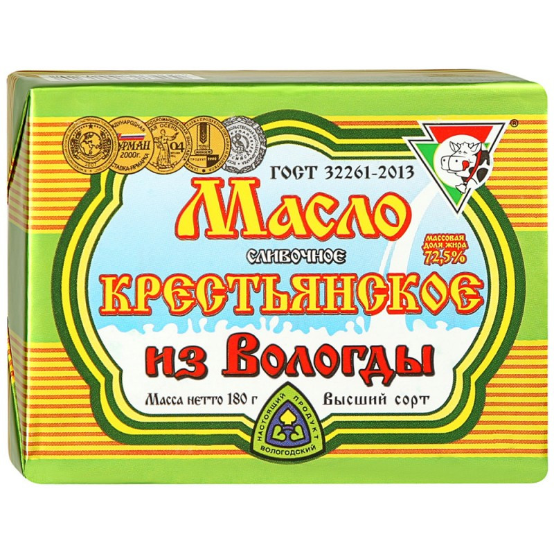 Масло сливочное Вологодское Крестьянское 72.5%, 180г