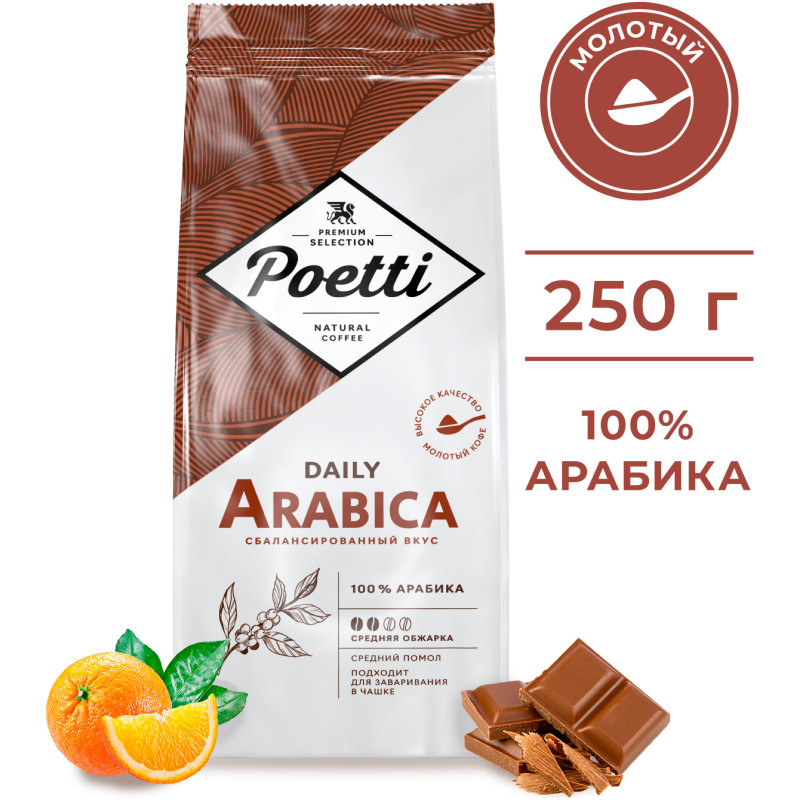 Кофе Poetti Daily Arabica натуральный жареный молотый, 250г — фото 4