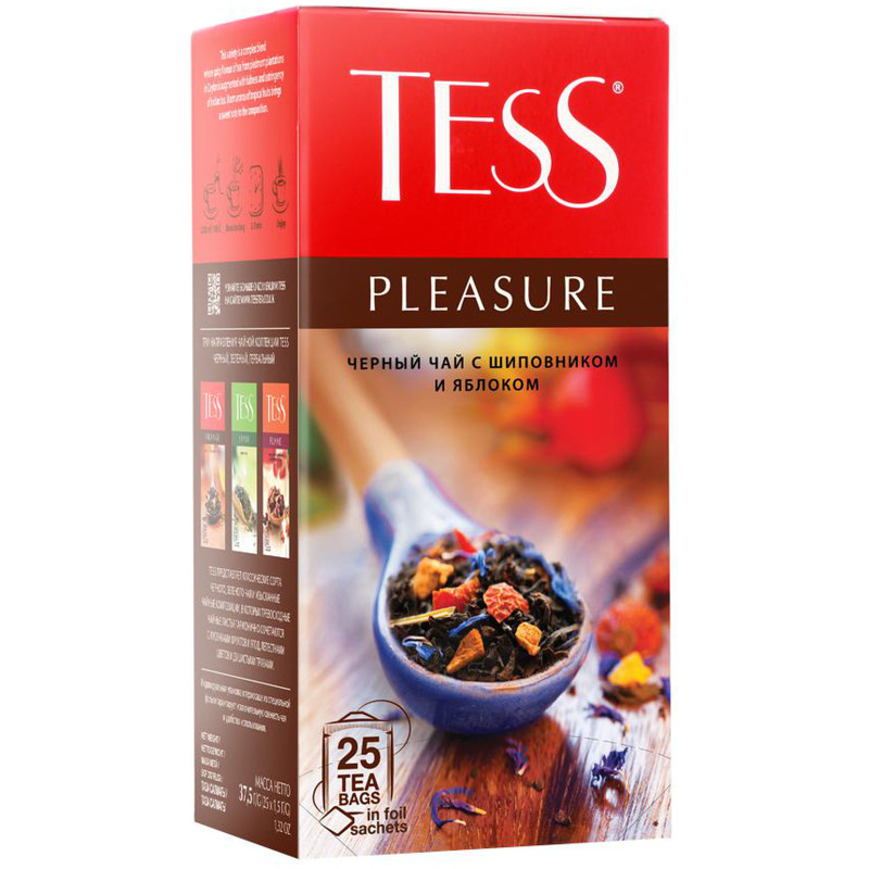 Чай Tess Pleasure чёрный с шиповником и яблоком в пакетиках, 25х1.5г — фото 2