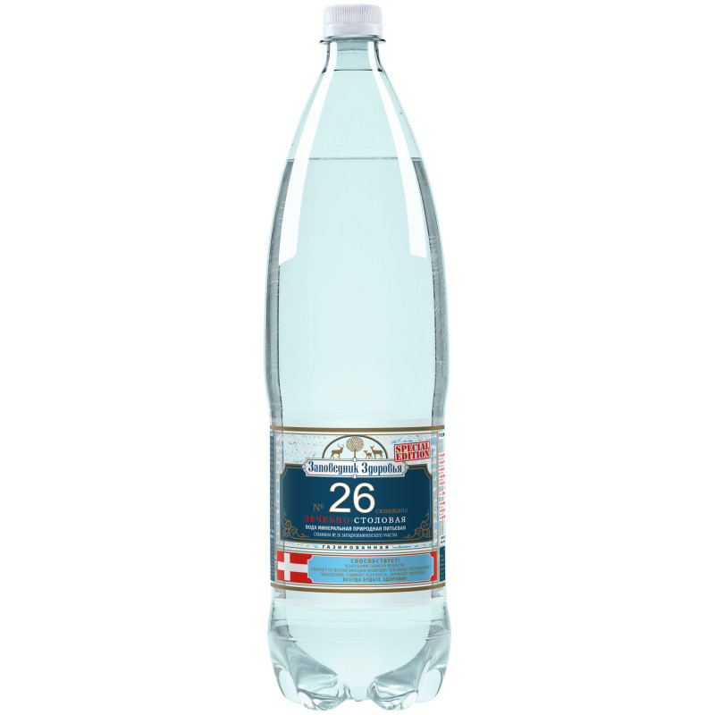 Вода Заповедник здоровья Скважина 26 питьевая минеральная природная лечебно-столовая газированная, 1.5л