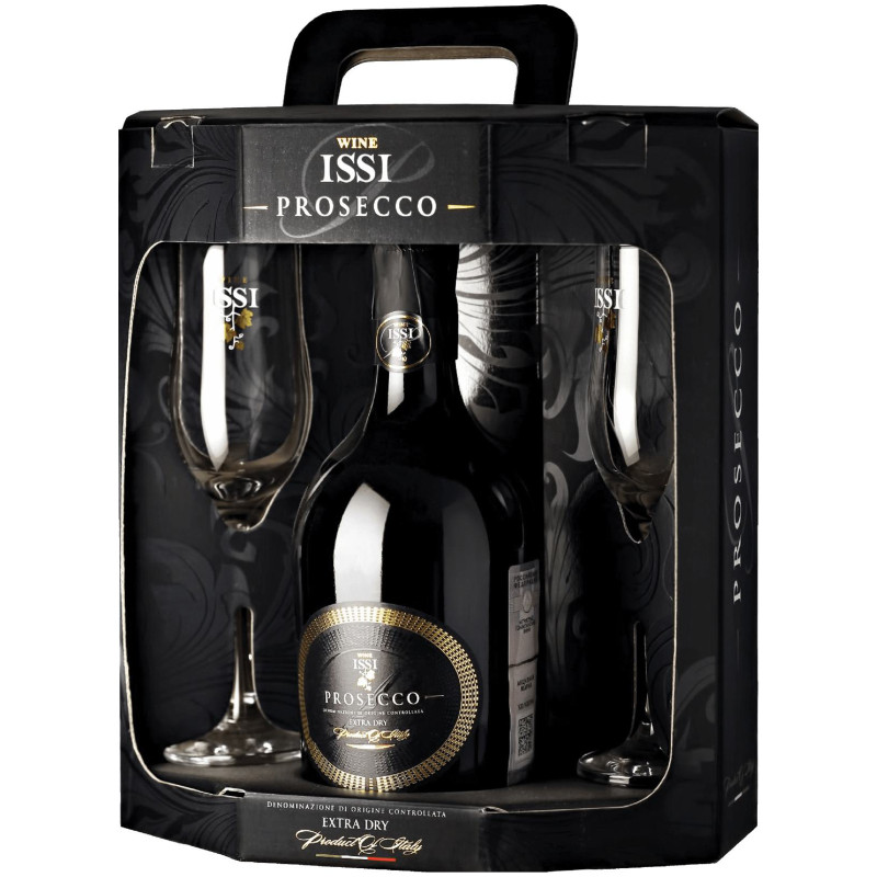 Вино игристое Issi Просекко белое брют в подарочной упаковке, 750мл + 2 бокала — фото 1