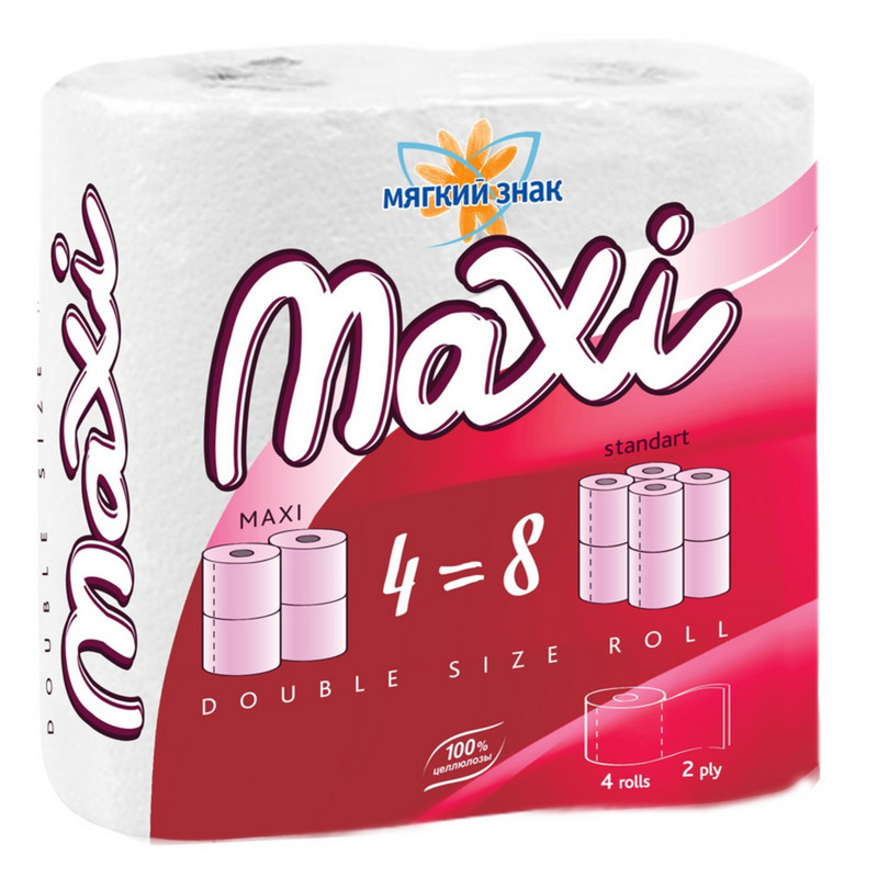 Туалетная бумага Мягкий знак Maxi белая 2 слоя, 4шт