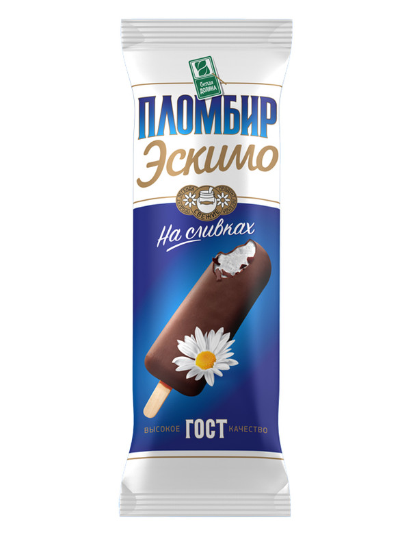 Эскимо Белая Долина пломбир на сливках в шоколадной глазури ГОСТ 15%, 60г