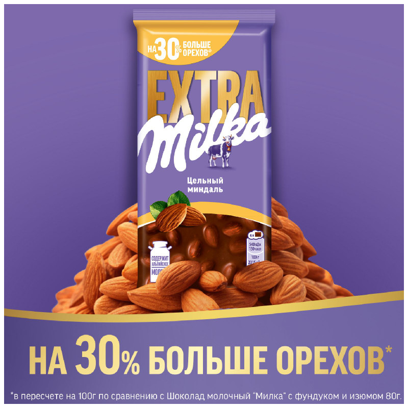 Шоколад Milka extra молочный с цельным миндалем, 140г — фото 3