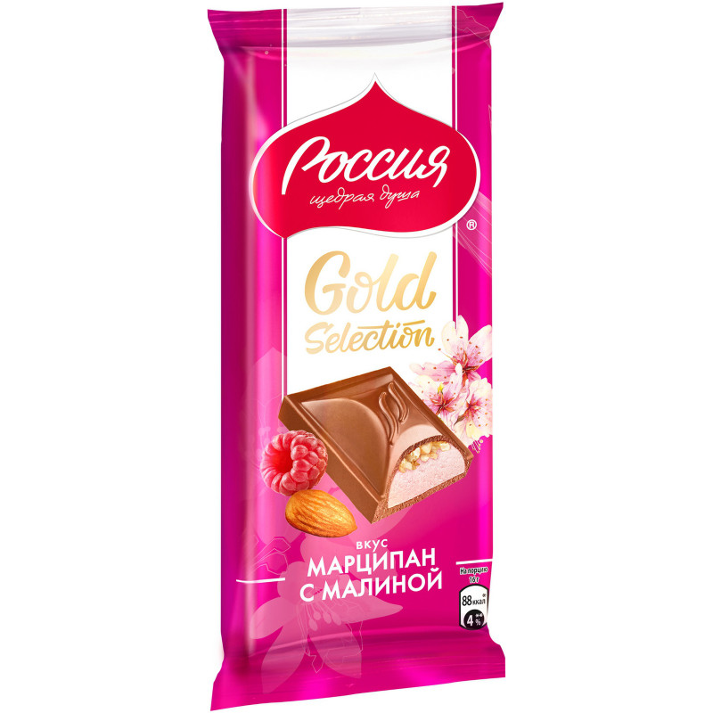 Шоколад Россия-Щедрая Душа Gold Selection молочный с миндалем марципан-малина, 80г — фото 2