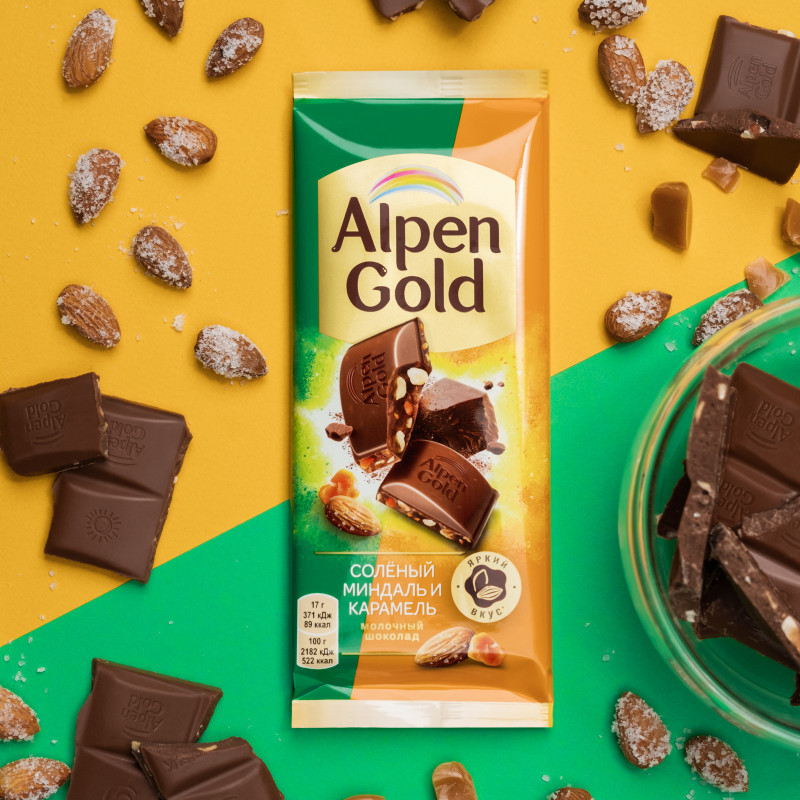 Шоколад молочный Alpen Gold с солёным миндалём и карамелью, 85г — фото 3