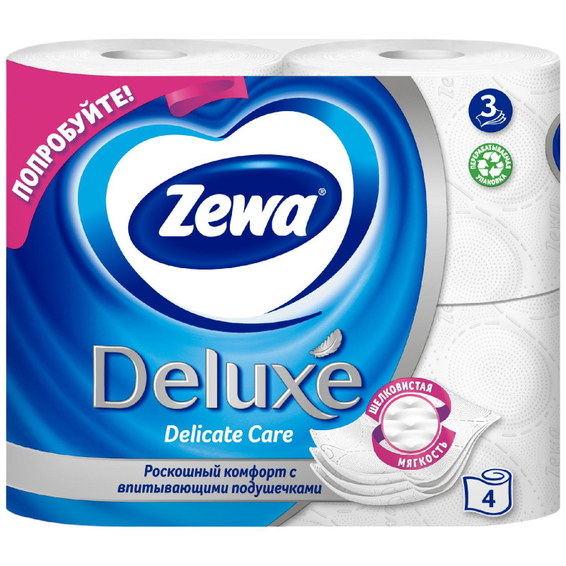 Туалетная бумага Zewa Deluxe белая 3 слоя, 4шт — фото 1