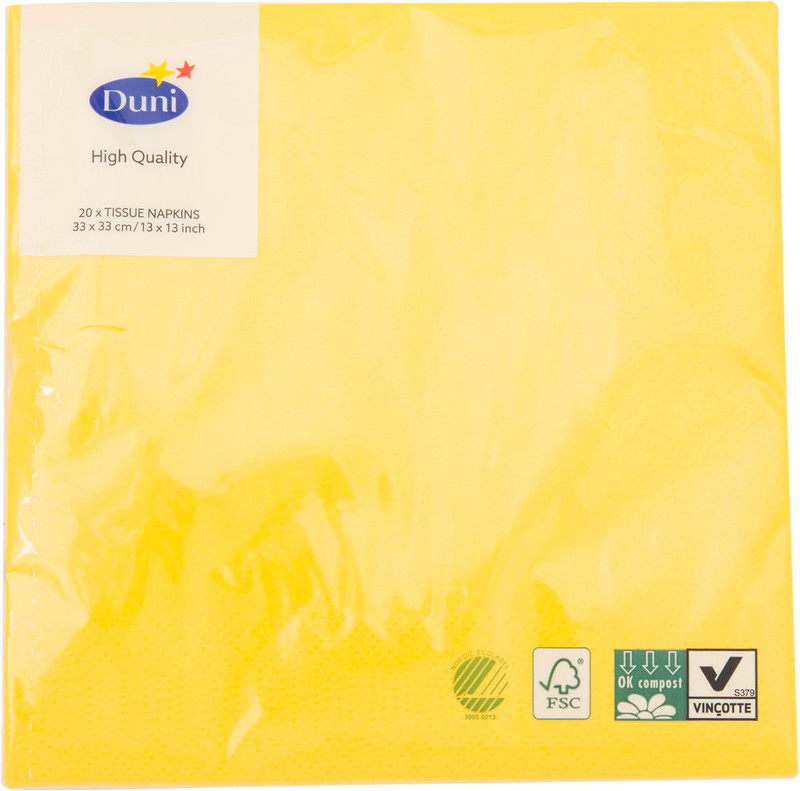Салфетки бумажные Duni желтые 3 слоя 33x33см, 20шт — фото 1