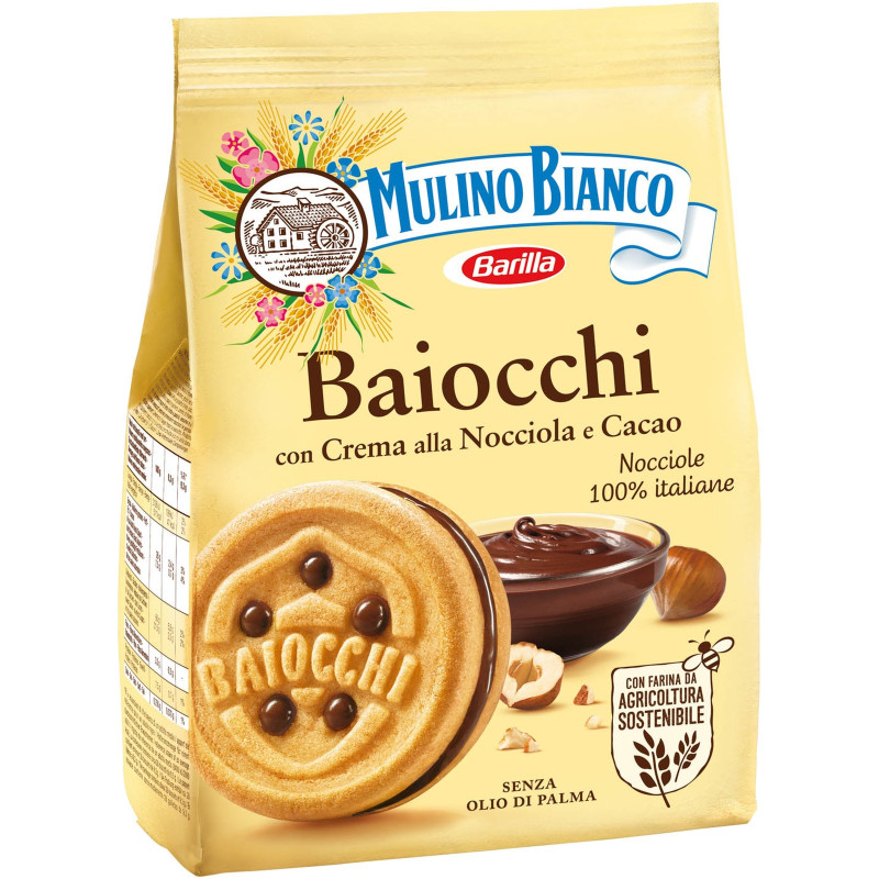 Печенье Mulino Bianco Baiocchi сандвичное сахарное с какао-ореховым кремом, 260г — фото 1