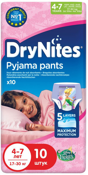 Подгузники-трусики DryNites ночные для девочек 4-7лет 17-30кг, 10шт — фото 4