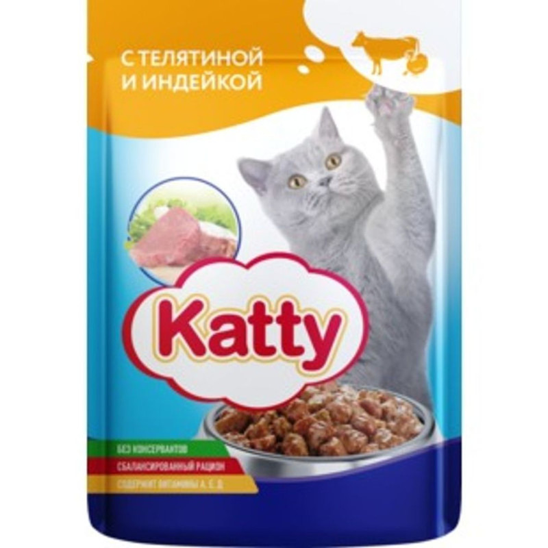 Корм Katty с телятиной и индейкой в соусе для кошек, 85г