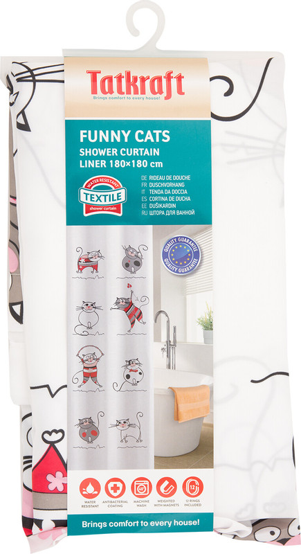 Штора Tatkraft для ванной комнаты тканевая Funny Cats — фото 2