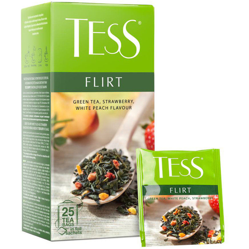 Чай Tess Flirt зелёный с клубникой и ароматом белого персика в пакетиках, 25х1.5г — фото 3