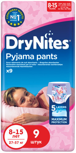 Подгузники-трусики DryNites ночные для девочек 8-15лет 25-57кг, 9шт — фото 4