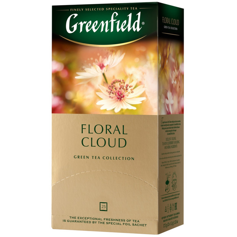 Чай Greenfield Floral Cloud зелёный байховый с ароматом бузины в пакетиках, 25х1.5г