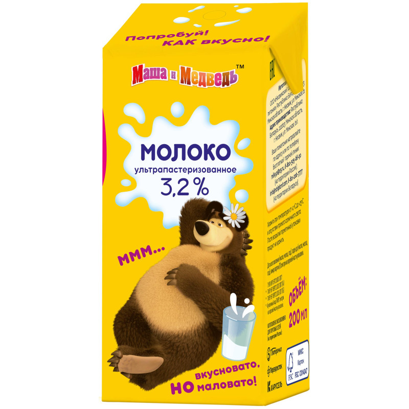 Молоко Маша и Медведь детское ультрапастеризованное 3.2%, 200мл