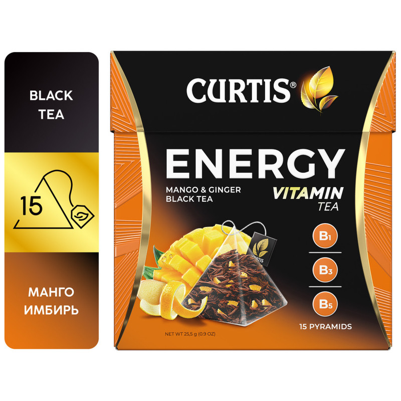 Чай Curtis Energy чёрный цейлонский манго-имбирь-цедра цитрусовых-лепестки цветов листовой, 15х1.7г — фото 1