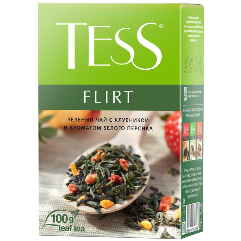 Чай Tess Flirt зелёный с клубникой и ароматом белого персика, 100г — фото 1