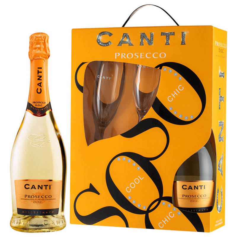 Вино игристое Canti Просекко белое сухое 11%, 750мл + 2 бокала — фото 1