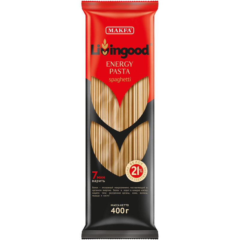 Макароны Livingood Energy Pasta Spaghetti высокобелковые, 400г
