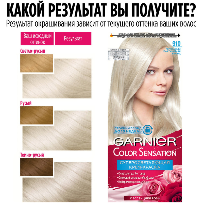 Крем-краска для волос Garnier Color Sensation the Vivids пепельно-платиновый блонд 910, 110мл — фото 4