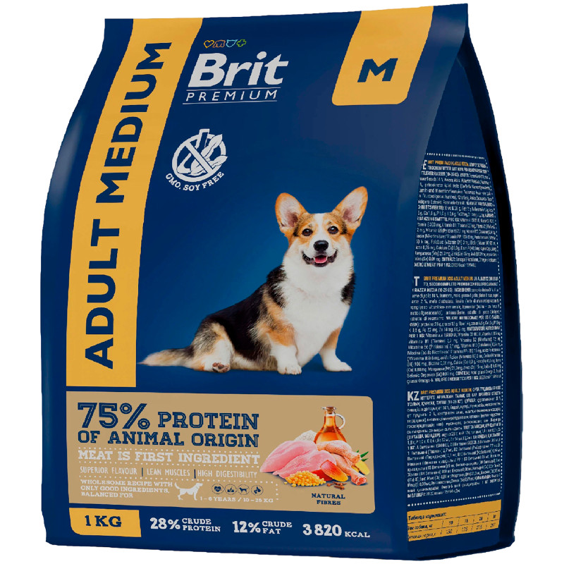 Корм Brit Premium Dog Adult Medium с курицей полнорационный сухой для собак, 1кг