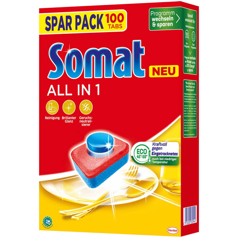 Средство Somat Все в 1 для мытья посуды в посудомоечных машинах, 100 таб