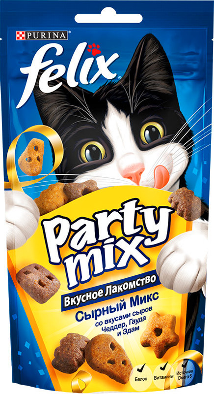 Лакомство Felix Party Mix Сырный микс Чеддер-Гауда-Эдам для кошек, 60г