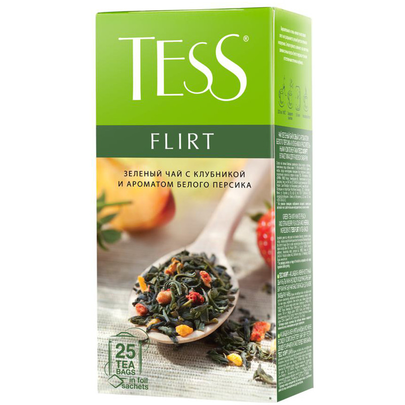 Чай Tess Flirt зелёный с клубникой и ароматом белого персика в пакетиках, 25х1.5г — фото 1