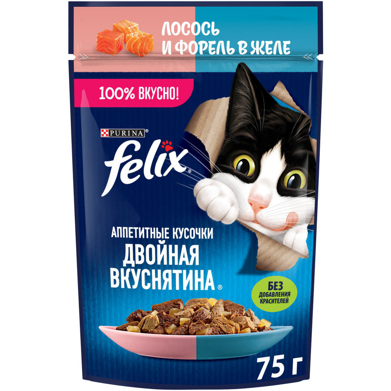 Влажный корм для кошек Felix Двойная вкуснятина с лососем и форелью в желе, 75г