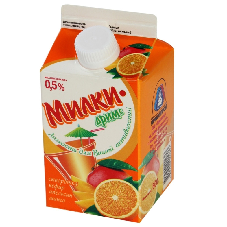 Напиток сывороточный Ярмолпрод Милки-дримс апельсин-манго с сахаром 0.5%, 500мл