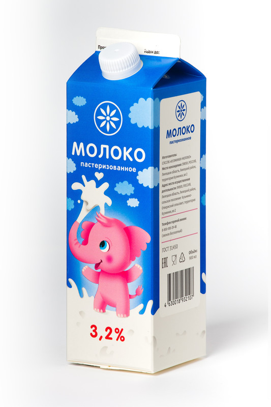 Молоко Кузьминки пастеризованное 3.2%, 900мл