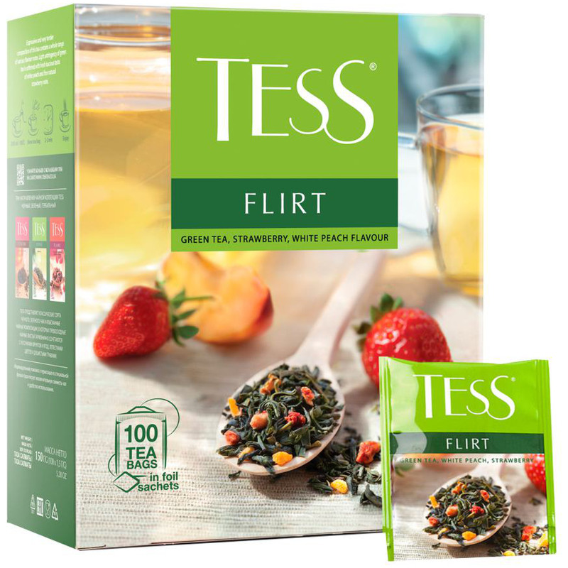 Чай Tess Флирт зелёный байховый с клубникой и ароматом белого персика в пакетиках, 100х1.5г — фото 3